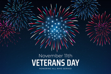 Veterans day november 11, template american fireworks blue sky background. Fireworks US flag. November 11th Happy Veterans Day, USA national holiday. Banner, poster, greeting card. Vector illustration
