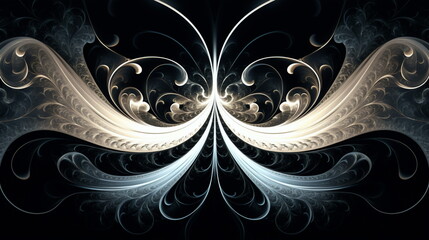 Art Nouveau Inspired Fractal Angel Butterfly Wallpaper: Black Background, Light Silver and Beige Palette. Featuring Precisionist Lines, Flickering Light Effects, Elongated Forms