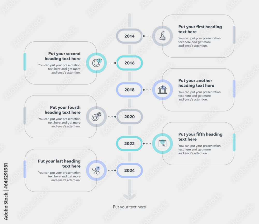 Aufkleber vertical timeline infographic template with six stages. flat design, easy to use for your website or