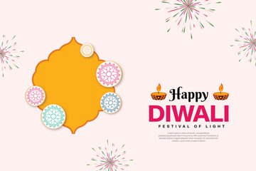 Indian happy Diwali wishing card light pink and yellow background post or banner design