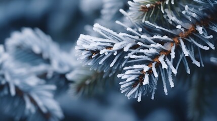 Naklejka na ściany i meble Pine tree branches are covered with frost, nature winter natural dark background, snow-covered coniferous needles close-up, soft focus, bokeh and copy space