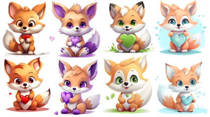 set of cute Fox with heart Sticker, Clipart, on transparent isolated background, generated ai