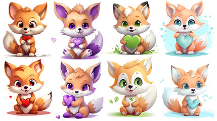 Obraz premium set of cute Fox with heart Sticker, Clipart, on transparent isolated background, generated ai