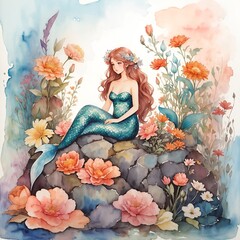 Mermaid background with flowers