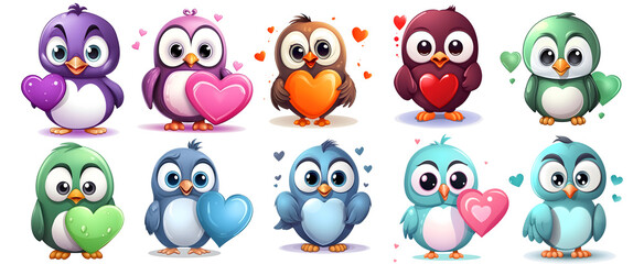 set of cute penguin with heart Sticker, Clipart, on transparent isolated background, generated ai