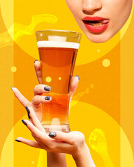 Young woman holding glass with lager delicious beer over yellow background. Contemporary art...