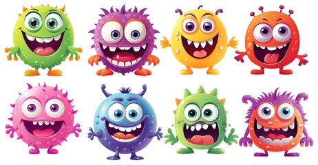 set of funny cartoon monsters on transparent isolated background, generated ai