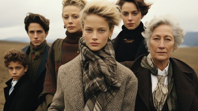 A dynasty, several generations of the same family dressed in autumn fashion, from tweed coats to cozy knits. Elegance in Every Age