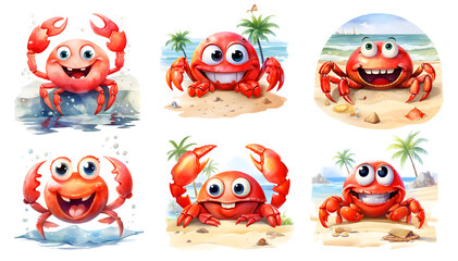 set of funny crabs in watercolor on the beach and transparent background, Clipart generated ai