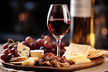 Tasting cheese dish on a plate. Food for wine and romantic date, cheese delicatessen with copy space. Red wine