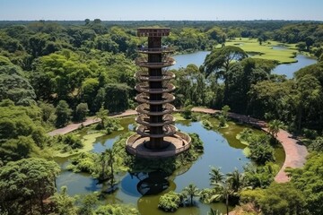 Aerial view of landscaped gardens with observation tower, ponds. Important tourist attraction of Belém do Pará, Amazon, North Brazil. Generative AI - obrazy, fototapety, plakaty
