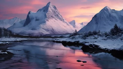 Papier Peint photo Europe du nord Pink winter sunrise shines arcross Stortind mountain peak,