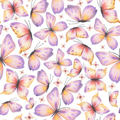 Watercolor seamless pattern with abstract purple butterflies. For fabric, textiles, wallpaper