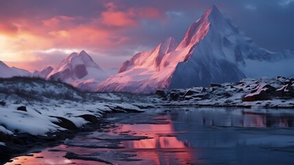 Pink winter sunrise shines arcross Stortind mountain peak, - obrazy, fototapety, plakaty
