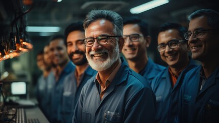 Group of senior Indian men working with data systems in a server room. Generative AI