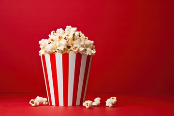Red and white popcorn box on a red backdrop. Generative AI