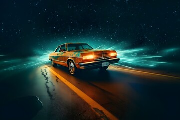 Fototapeta na wymiar Vintage car on the road at night with motion blur