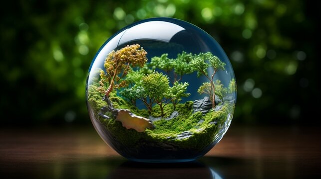 Capture an image of a glass globe with a miniature representation of Earth inside, highlighting the importance of global cooperation in addressing environmental challenges