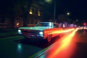 Fototapeta na wymiar Retro car on the road in the city at night