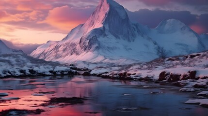 Pink winter sunrise shines arcross Stortind mountain peak,