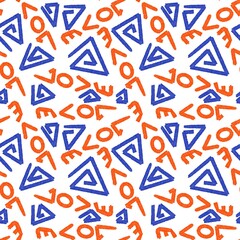 Seamless lettering pattern. Love letters and square swirls, meander. Blue, orange and white colors. Abstract background. Design for textile fabrics, wrapping paper, background, wallpaper, cover.