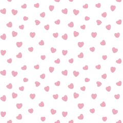 Seamless abstract geometric pattern. Hearts. Chaotic digital texture. Pink, white. Illustration. Brush strokes texture. Design for textile fabrics, wrapping paper, background, wallpaper, cover.