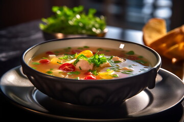 Bowl of soup on a dark background. Selective focus. Hot food concept