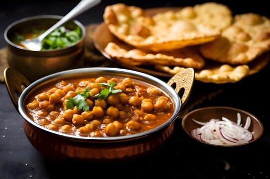 Chickpea curry in a bowl with naan breads