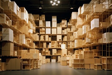 Indoor warehouse displays stacked cartons on shelving units and solid ground. Generative AI
