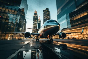 Airplane taking off from the airport runway, front view. - obrazy, fototapety, plakaty