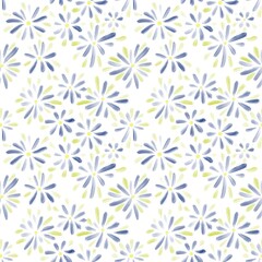 Seamless abstract floral pattern. Green, blue, white. Illustration. Botanical texture. Leaves, flowers texture. Brush strokes. Design for textile fabrics, wrapping paper, background, wallpaper, cover.