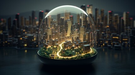 Compose an image of a light bulb with a miniature cityscape inside it, illuminated by LEDs,...