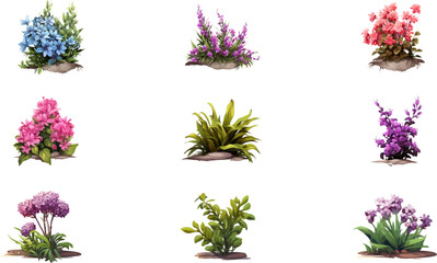 Set of flower bushes on a white background. Generative AI