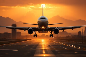 Fototapeta na wymiar White passenger aircraft take off from airport runway against the backdrop of a scenic evening sky with sun rays