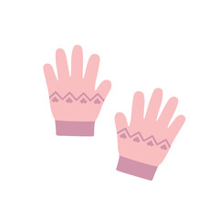 Pink wool gloves with purple patterns flat illustration vector isolated on white background. Women and girl winter accessories