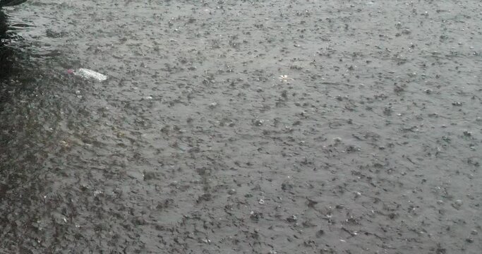 Close-up of heavy rainfall falling on a flooded street.
