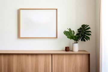 blank poster frame mockup on white wall living room with wooden sideboard with small green plant - Powered by Adobe