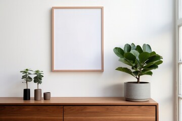 blank poster frame mockup on white wall living room with wooden sideboard with small green plant - Powered by Adobe