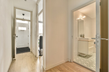 a bathroom with wood flooring and white walls in an apartment, taken from the front door to the hallway