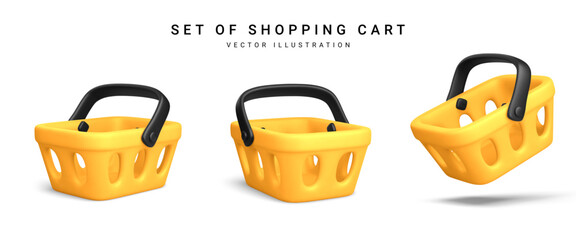 Set of 3d realistic yellow plastic shopping cart isolated on white background. Vector illustration © Maksym Kravchenko