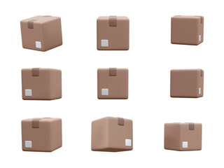 Set of 3d cardboard closed boxes isolated on white background. Realistic delivery cargo parcels in cartoon style. Vector illustration