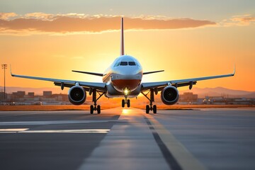 passenger plane take off from runways against beautiful dusky sk