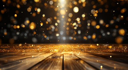 Fototapeta na wymiar Starlit Awards Stage: Golden Confetti Fall with Light Beam, Night Mockup for Grand Festivities