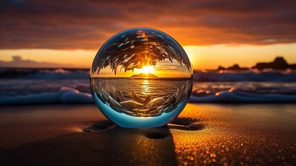 Craft a breathtaking picture of a glass globe hovering above a serene beach at sunset, with its light powered by the energy of crashing waves