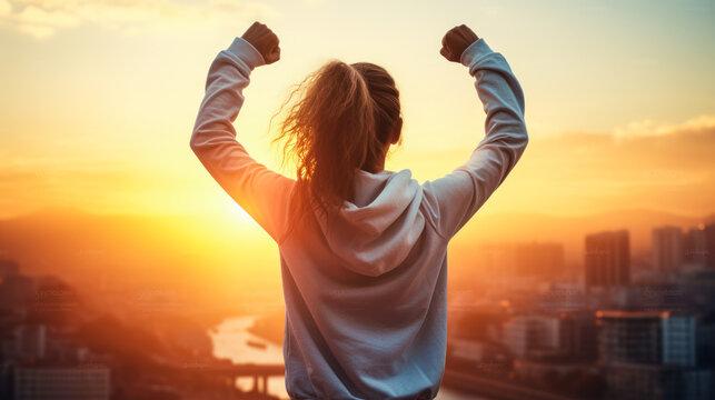 Fitness Victory: Woman's Silhouette Exulting Morning Workout Triumphs