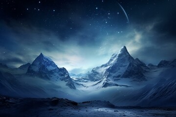 Beautiful snow-capped mountains under a captivating night sky. Generative AI
