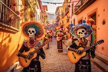 Day Of Dead traditional poster, skeletons in Mexican clothes play musical instruments and dance. Generative Ai