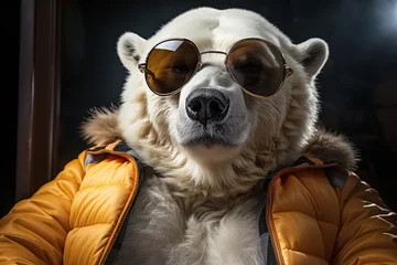 Foto op Canvas polar white bear wears a warm yellow jacket and sunglasses. Generative Ai © Alexandra