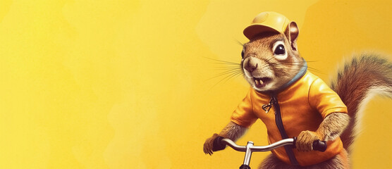 squirrel on a bike over yellow background, panoramic layout. Generative Ai