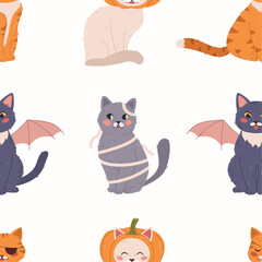 Cute seamless pattern with cats in halloween costumes